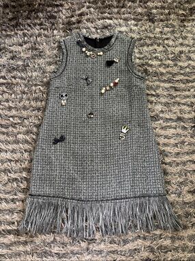 Sleeveless Gray Tweed Fringe Dress with Decorative Pins